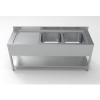 Edelstahl Spültisch PRO mit Grundboden 200 x 70 cm - 2 Becken rechts kaufen