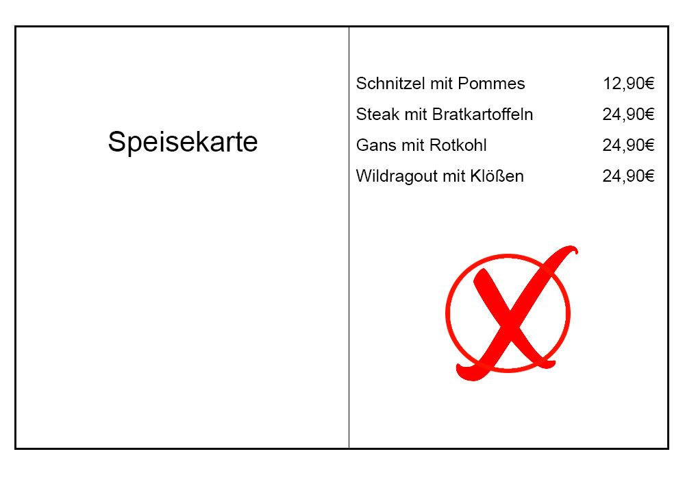 Speisekarte Preis Position falsch