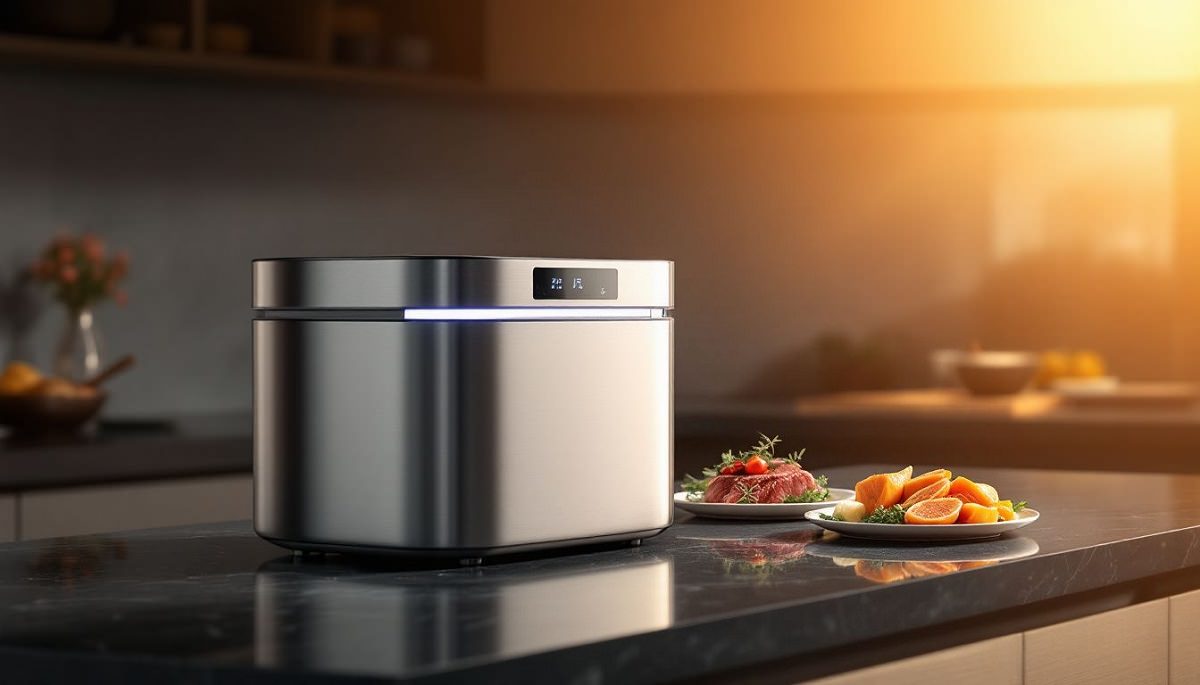 Eine Sous-vide Maschine mit vakuumierten Lebensmitteln, die zum Garen vorbereitet sind.