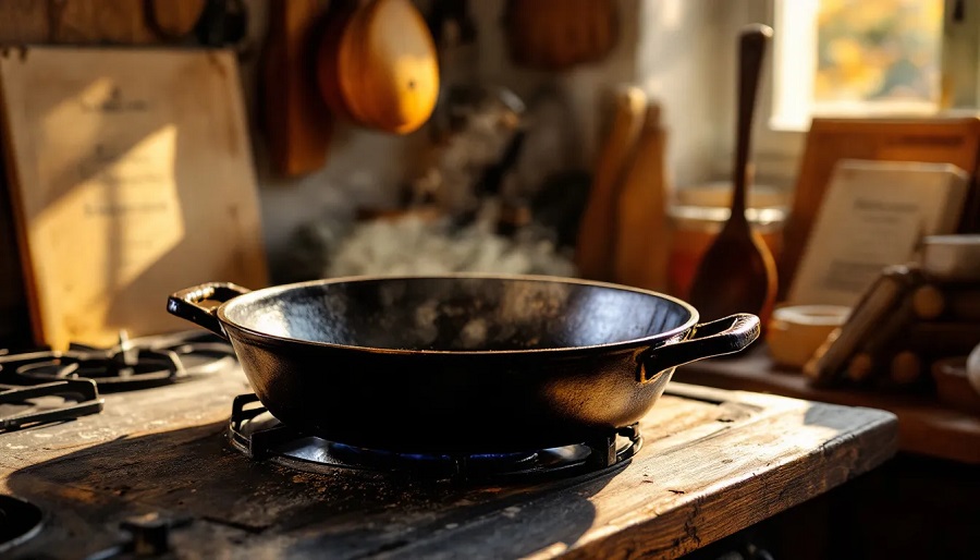 Eine gut eingebrannte Gusseisenpfanne mit gl&auml;nzender Oberfl&auml;che, die bereit ist zum Kochen.