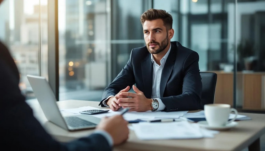 Auf dem Bild findet eine Unternehmensberatungssitzung statt, bei der Dokumente neben einem Taschenrechner auf einem Tisch ausgebreitet sind, was auf Finanzgespr&auml;che im Zusammenhang mit der Gastronomiebranche hindeutet. Die Umgebung spiegelt eine professionelle Atmosph&auml;re wider, in der wahrscheinlich Themen wie Mehrwertsteuer in der Gastronomie und Steuersenkung behandelt werden.