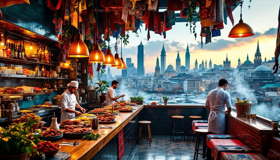 Die Innenausstattung eines D&ouml;nerladens mit modernen M&ouml;beln.