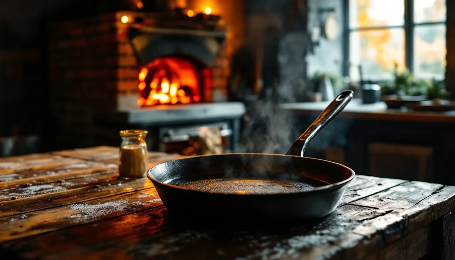 Einbrennprozess einer Gusseisenpfanne im Ofen.