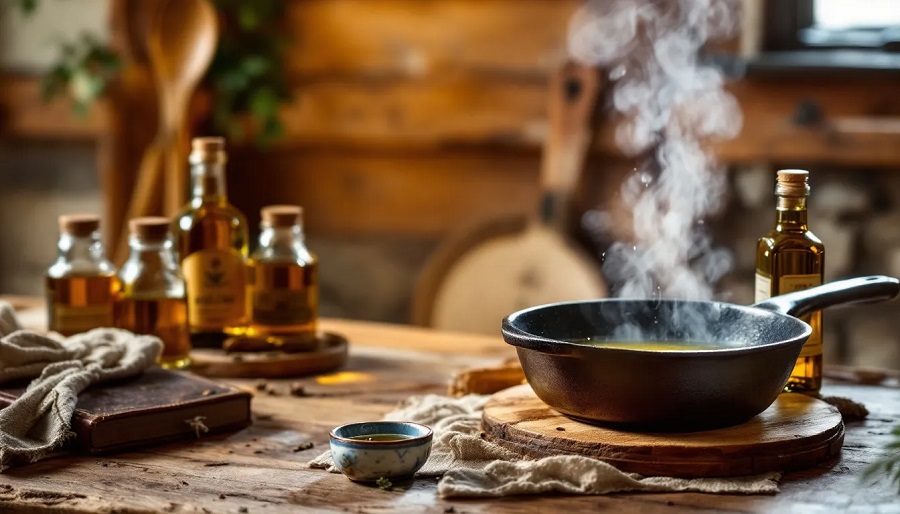 Verschiedene &Ouml;le, die f&uuml;r das Einbrennen von Gusseisenpfannen geeignet sind.