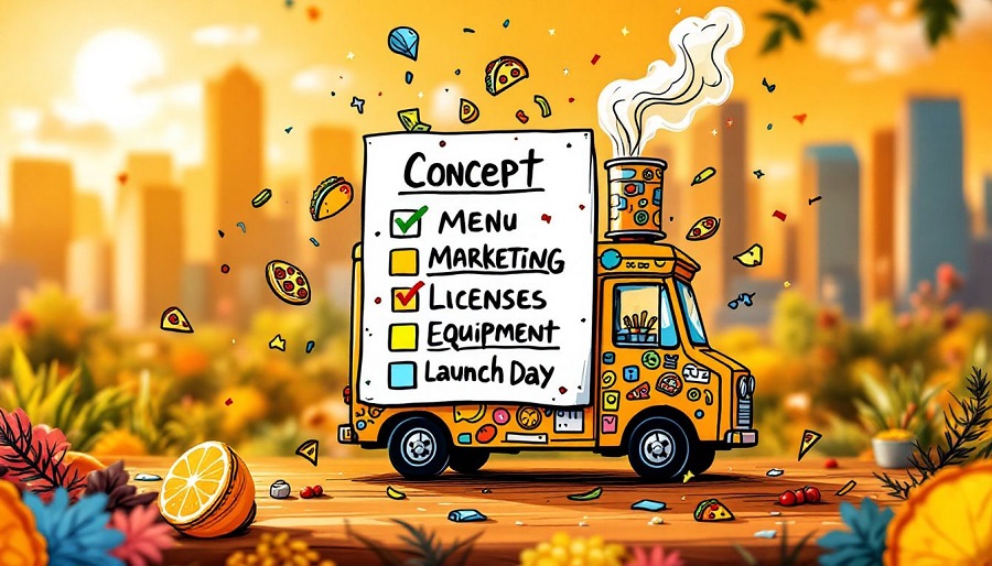 Ein Unternehmer plant die Eröffnung eines Foodtrucks mit einer Checkliste.