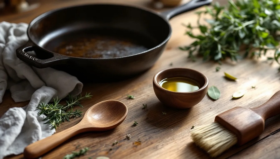 Vorbereitung einer Gusseisenpfanne mit &Ouml;l und Pinsel f&uuml;r das Einbrennen.